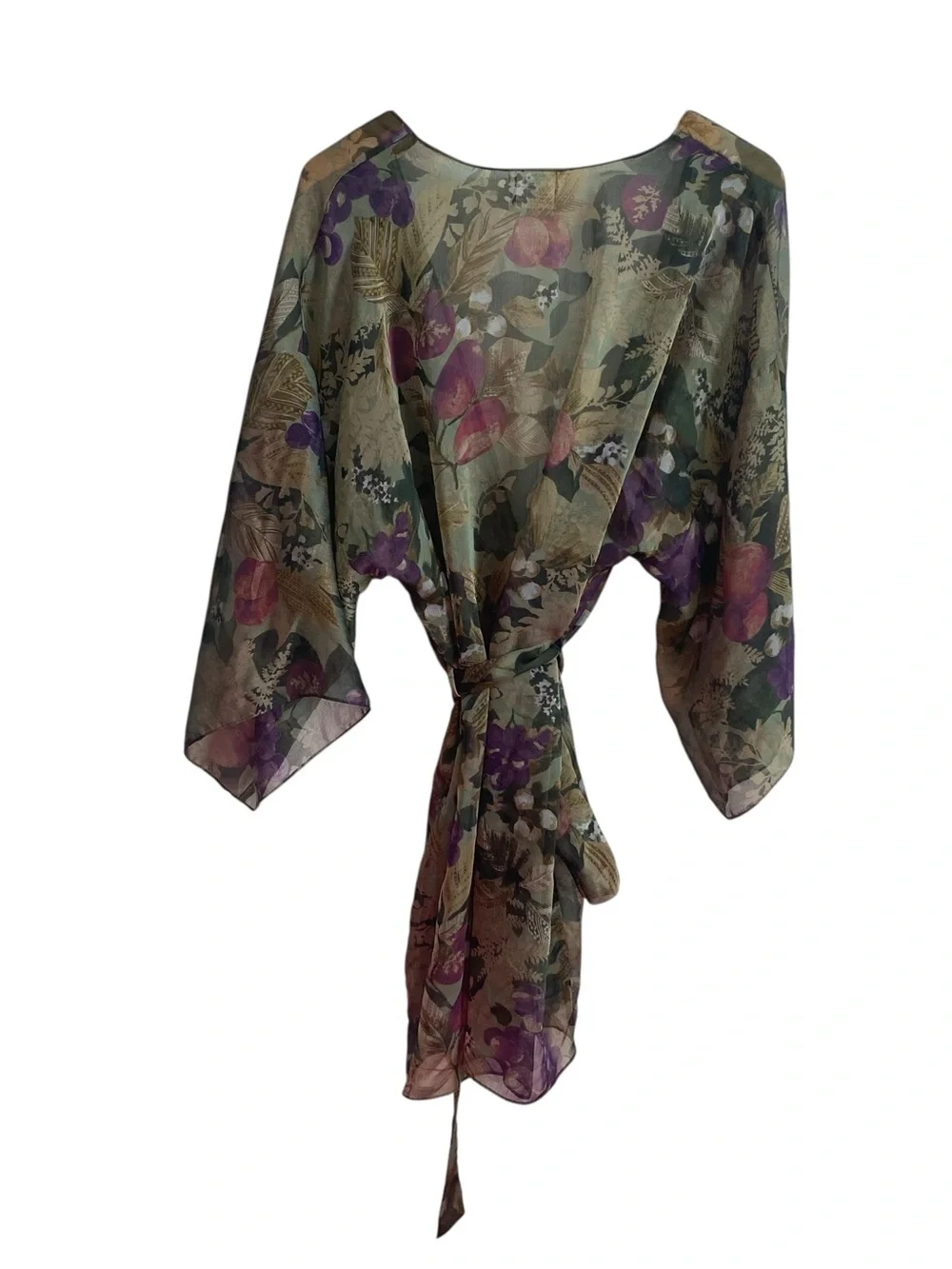Vintage California Dynasty Hollywood Glam Green Floral Short Sheer Robe Size M